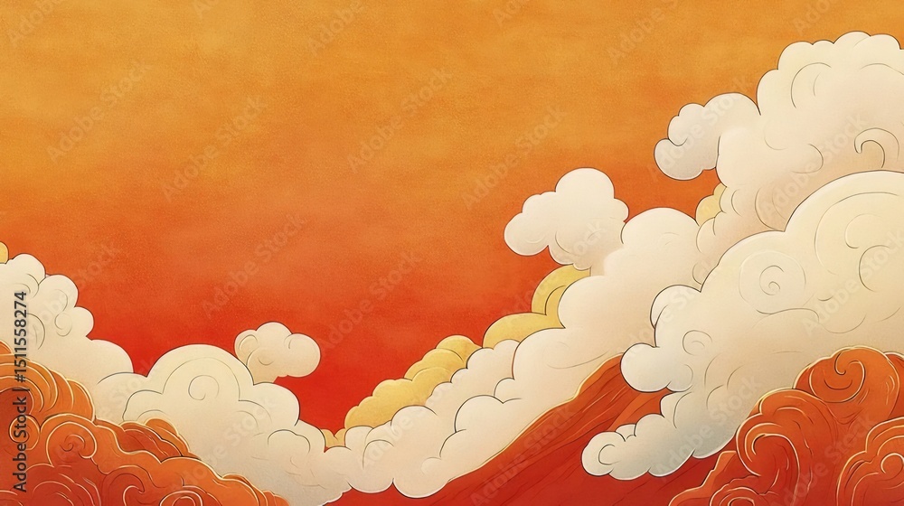 Aufkleber オレンジ色の夕焼け空に浮かぶ白く丸い雲の抽象的な風景アート背景
