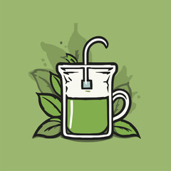 Refreshing Green Tea in Glass Mug with Tea Bag - Vector Illustration