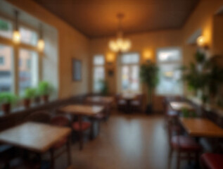 Defocused Background of Cozy Urban Cafe Interior with Wooden Tables and Coffee Bar, Perfect for Relaxing or Working. Blurred Background Photo.