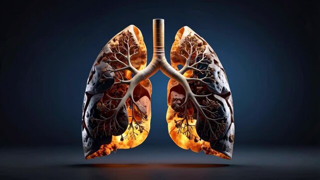 Anatomical lungs glowing with yellow light on a dark backdrop conveying the effects of smoking and disease on respiratory health.
