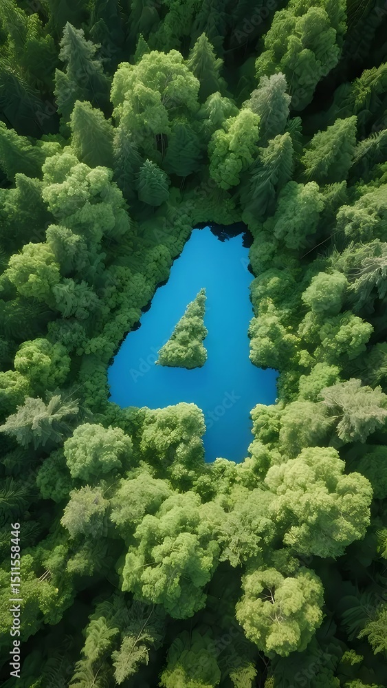 Aufkleber 鳥瞰図の青い湖面と緑豊かな森林が数字の4を形成 夏の自然光の下で鮮やかなコントラスト