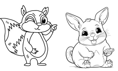 Cute  Squirrel and Rabbit Line Art for Kids – Animal Coloring Book Page Gift New