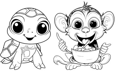 New Turtle and monkey Art animal cute coloring book page Animals line art for Kids Gift