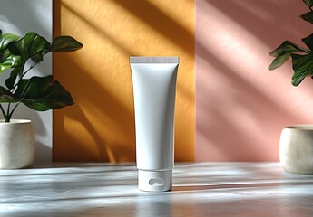 White tube mockup on table with plants and colorful walls

