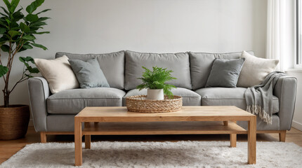 Wooden coffee table with with houseplant and wicker basket near grey sofa in living room