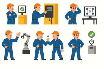 Fototapeta premium Engineer with automation tasks auto-check, signal loss, robot interaction, IOT setup, calibration, vector style illustration