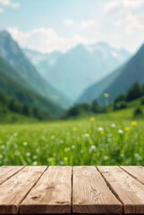 Wooden table top on blur mountain and grass field.Fresh and Relax concept.For montage product display or design key visual layout.View of copy space.