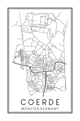 Hand drawn printable downtown road map poster of borough COERDE of the German city of MÜNSTER on solid white background with city name