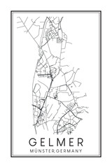 Hand drawn printable downtown road map poster of borough GELMER of the German city of MÜNSTER on solid white background with city name