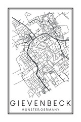 Hand drawn printable downtown road map poster of borough GIEVENBECK of the German city of MÜNSTER on solid white background with city name