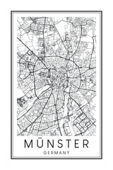 Hand drawn printable downtown road map poster of the German city of MÜNSTER on solid white background with city name