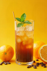 Fototapeta premium Espresso coffee with orange juice (bumble) in a tall glass with ice and mint on a yellow background with coffee beans, shadows and citrus fruits. Trendy summer Asian refreshing drink. No text