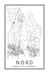 Hand drawn printable downtown road map poster of borough NORD of the German city of MÜNSTER on solid white background with city name
