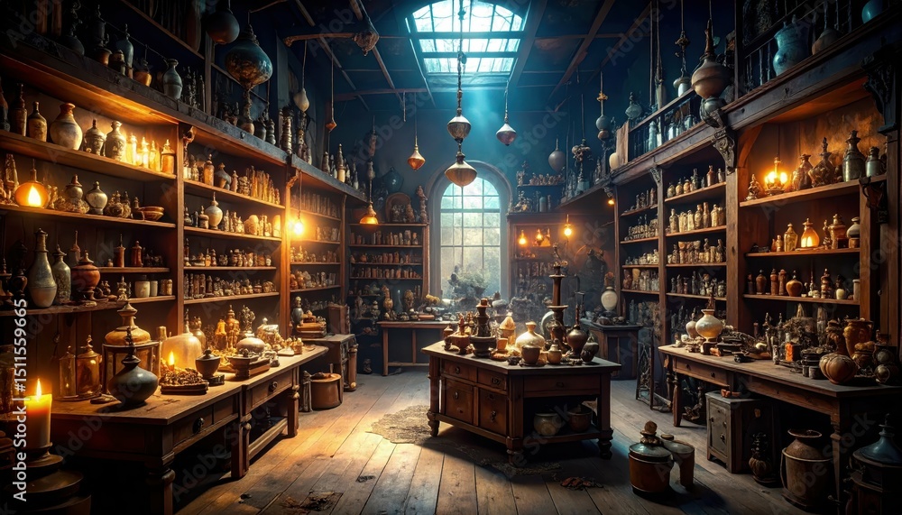 Poster mysterious antique store filled with cursed objects and shadows