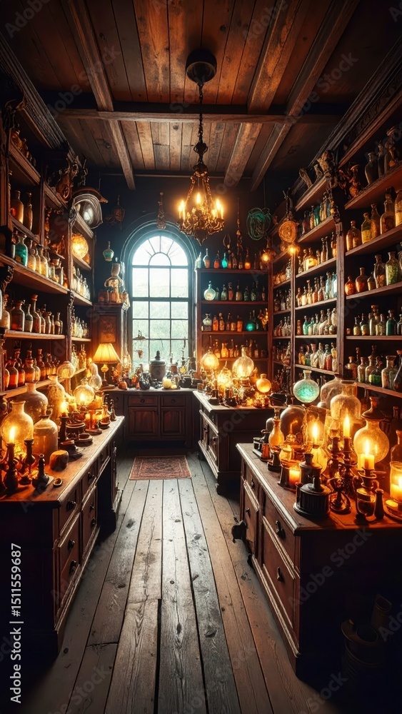 Poster mysterious antique store filled with creepy cursed objects and lights