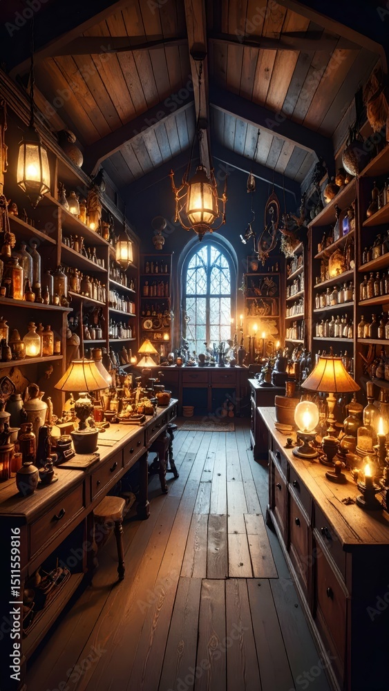 Poster mysterious antique store filled with cursed objects and shadows