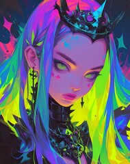 Naklejka premium Striking Stylized Character with Rainbow Hair and Cyberpunk Attire