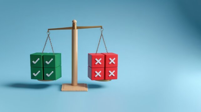 Weighing scale holds green box with check and red box with x, showing balance in decision making, yes no, decision problem visual comparison
