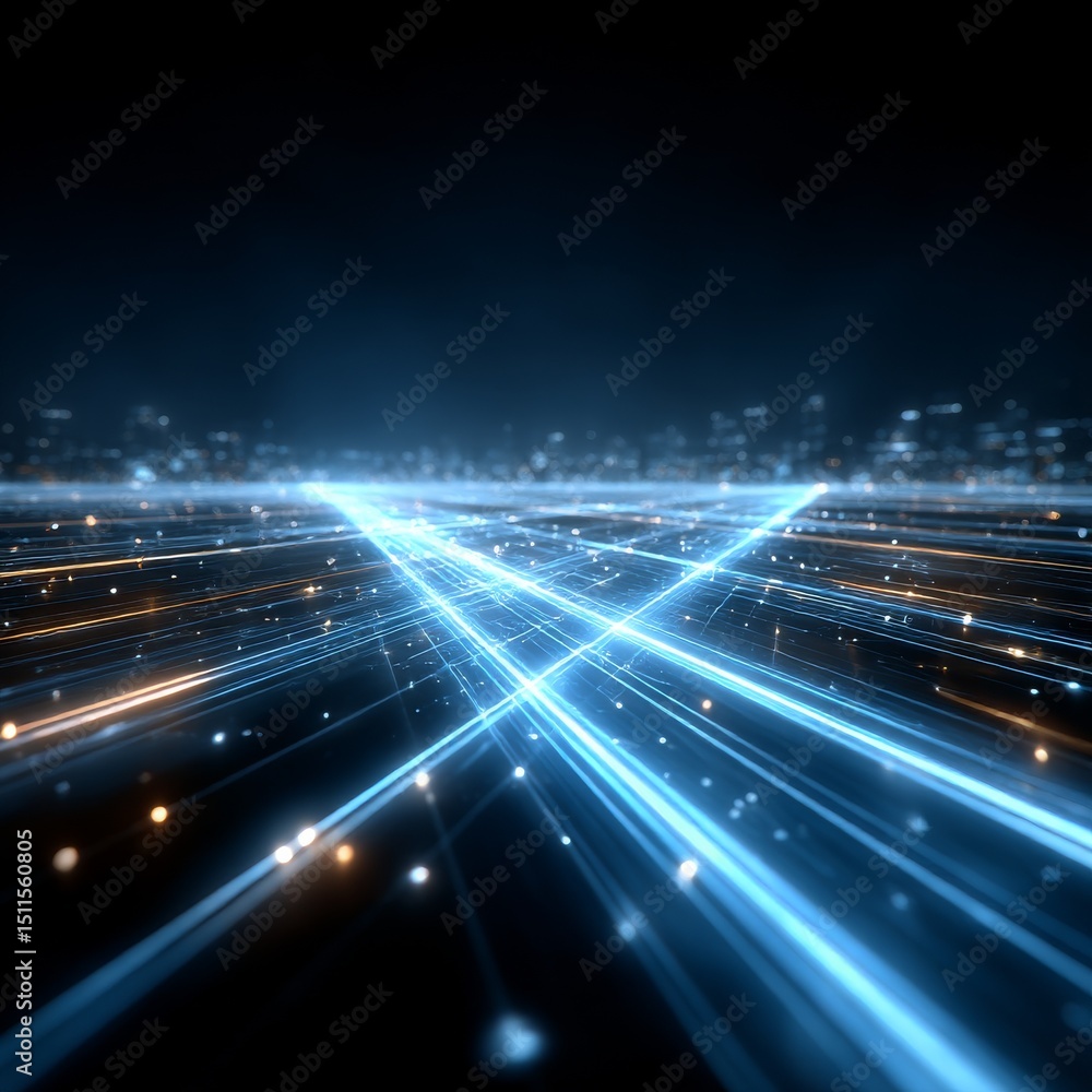 Aufkleber Futuristic Cityscape with Glowing Data Streams and Abstract Light Trails in Cyberpunk Style