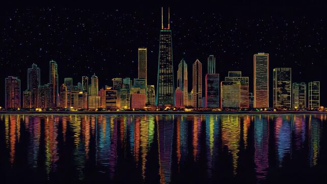 Colorful Night City Skyline Reflection