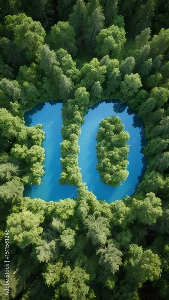 Poster 上空から見た緑豊かな森林に囲まれた青い湖の数字10のデザイン