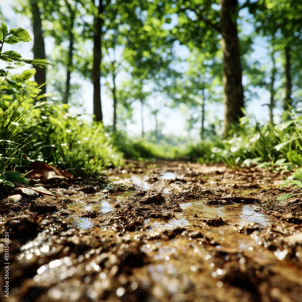 Poster muddy forest path: a glimpse into the woods after the rain, sunlight filtering through the trees
