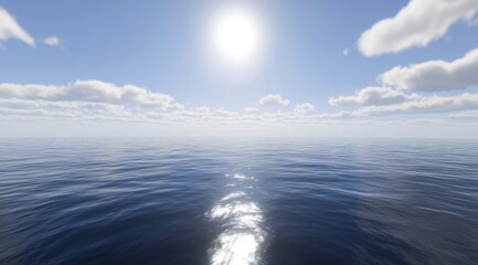 Obraz premium Wide shot of a serene ocean under a bright sky. Vast, placid water meets a cloud-dotted, sunny azure sky. Soft, gentle light bathes the scene