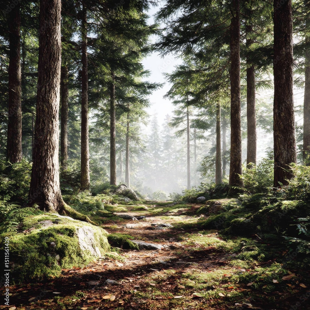 Poster path through tranquil forest: sun-dappled trail amidst towering trees and lush mossy greenery