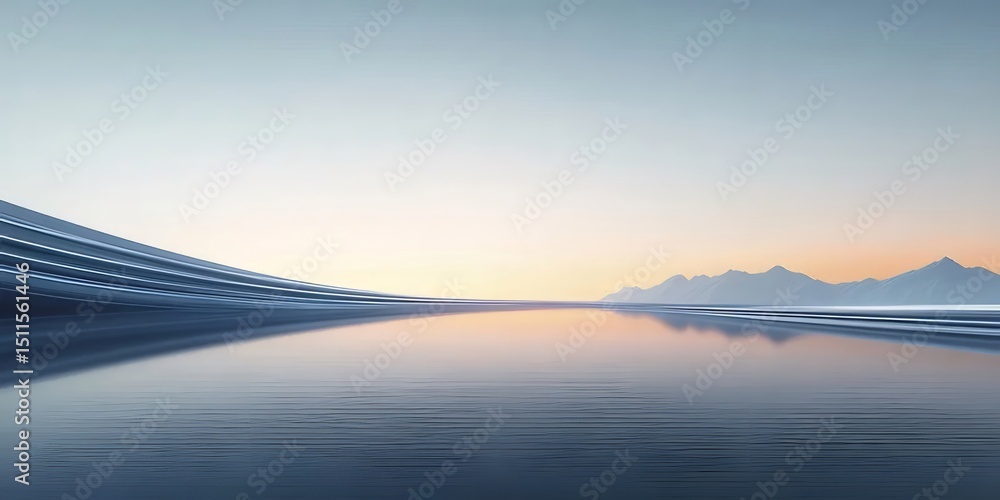 Poster 夕暮れ時の水面と幾何学的な構造 青とオレンジのグラデーションの空と穏やかな雰囲気