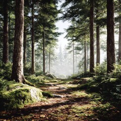 Obraz premium Path Through Tranquil Forest: Sun-Dappled Trail Amidst Towering Trees and Lush Mossy Greenery