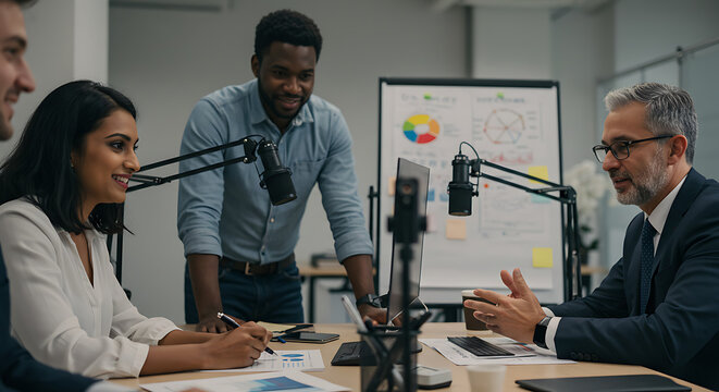 Diverse group of professionals engaged in a podcast recording session.