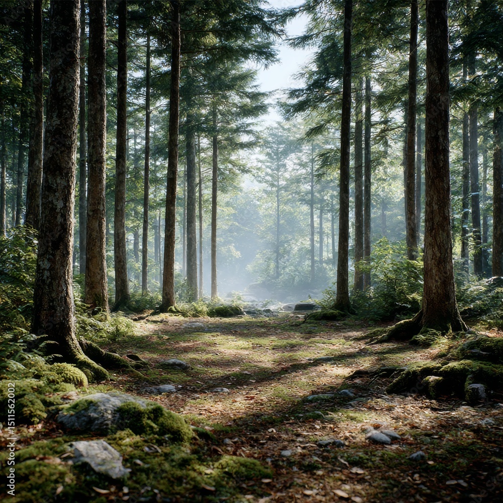 Poster sun-kissed path through a verdant forest: tranquility in the woods with mossy ground and towering tr