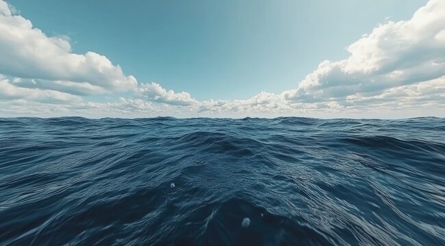 Wide ocean expanse, light blue sky, puffy white clouds.  Calm waves, dark blue water
