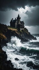 Naklejka premium Creepy Old Mansion on Cliff Overlooking Stormy Sea with Dark Clouds