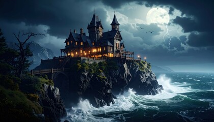 Creepy Old Mansion on a Cliff Overlooking a Stormy Sea at Night