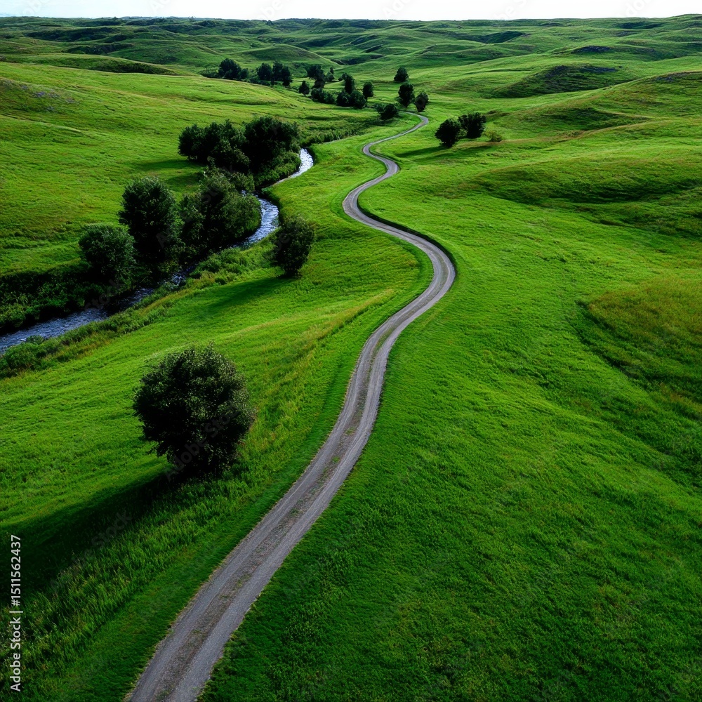 Poster winding path through verdant hills: a scenic landscape of green fields and serene river with majesti
