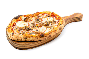 Cheese and mushroom pizza with toppings on the cutting board