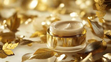 A gold colored jar of cream sits on a table with leaves. The scene is elegant and luxurious - Powered by Adobe