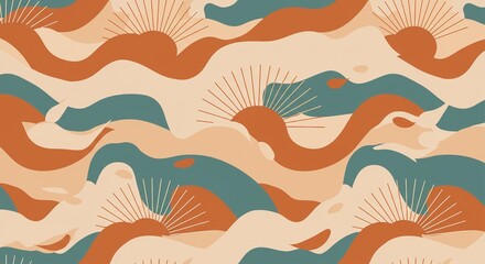 Ultra HD Minimalist Vector &mdash; Modern Mid-Century Abstract Summer Shapes with Muted Peach and Teal