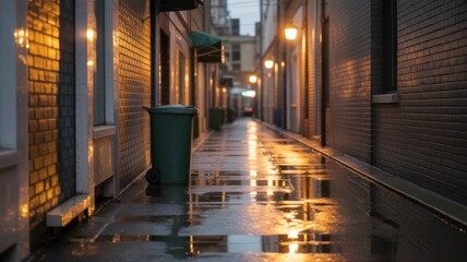 Fototapeta premium Golden Streetlights Illuminate Wet Alley