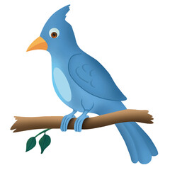 Cute cartoon hand drawn vector blue bird sitting on tree branch clipart.