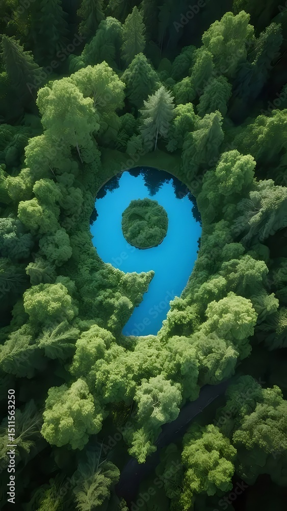 Poster 上空からの緑豊かな森林と青い湖が数字9を形成する自然の抽象的な構成