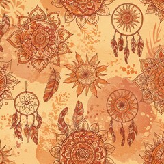 Bohemian Summer Pattern &mdash; Mandalas, Feathers, and Dreamcatchers in Earthy Watercolor Tones