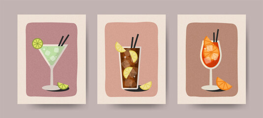 Vintage summer cocktails illustrated on elegant cards. Alcoholic beverages in creative layouts for pub, bar, club, or beach party. Set of drink posters with citrus, ice cubes, and retro flair.