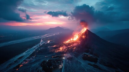 Aerial View of Volcano Erupting at Sunset