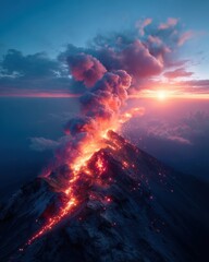 Aerial View of Volcano Eruption at Sunset