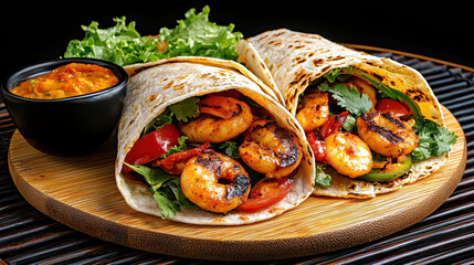 Grilled Shrimp and Vegetables in Tortilla Wraps with Fresh Salsa on Wood Platter