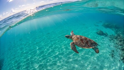 Obraz premium Underwater Sea Turtle Split-Level Composition, Sunlit Ocean, Green Turtle, Marine Wildlife, Ocean Photography Green Turtle, Underwater Photography