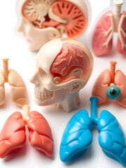 Obraz premium collection of human head cross section, lungs and eyeball anatomy plastic science miniature models of organs for diseases or medical education, isolated on white cutout background, Generative A