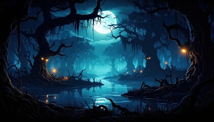 Fototapeta premium Dark and Sinister Swamp with Gnarled Trees and Murky Water